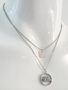 New Stainless Steel Silver Layered Mum Circle & Disc Pendant Necklace